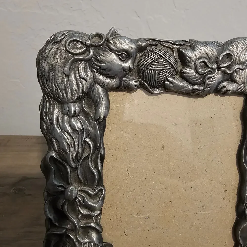 Vintage Pewter Cat Picture Frame MCM Classic Collectible Kitty Kittens Retro 80s